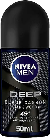 NIVEA MEN Antiperspirant Roll-on for Men, DEEP Black Carbon Antibacterial, Dark Wood Scent, 50ml