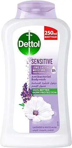 Dettol Sensitive Showergel & Bodywash, Lavender & White Musk Fragrance for Effective Germ Protection & Personal Hygiene, 250ml